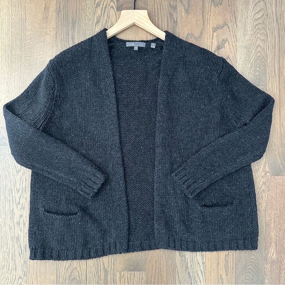 Vince Wool Blend Open V-Neck Cardigan Sweater in Charcoal Grey Extra Small